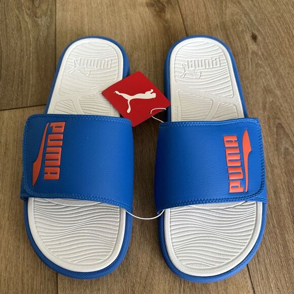 NWT PUMA Cool Cat 2.0 V Logo‎ Adjustable Mens Slide Sandals Hyperblue/White  11 - Picture 1 of 9